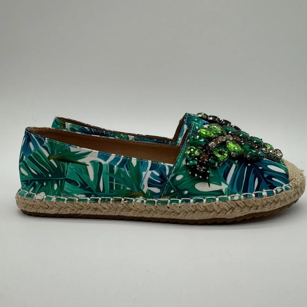 Lauren Lorraine Green Multi Tropical Jeweled Espadrille Flats Women's Size 6 New